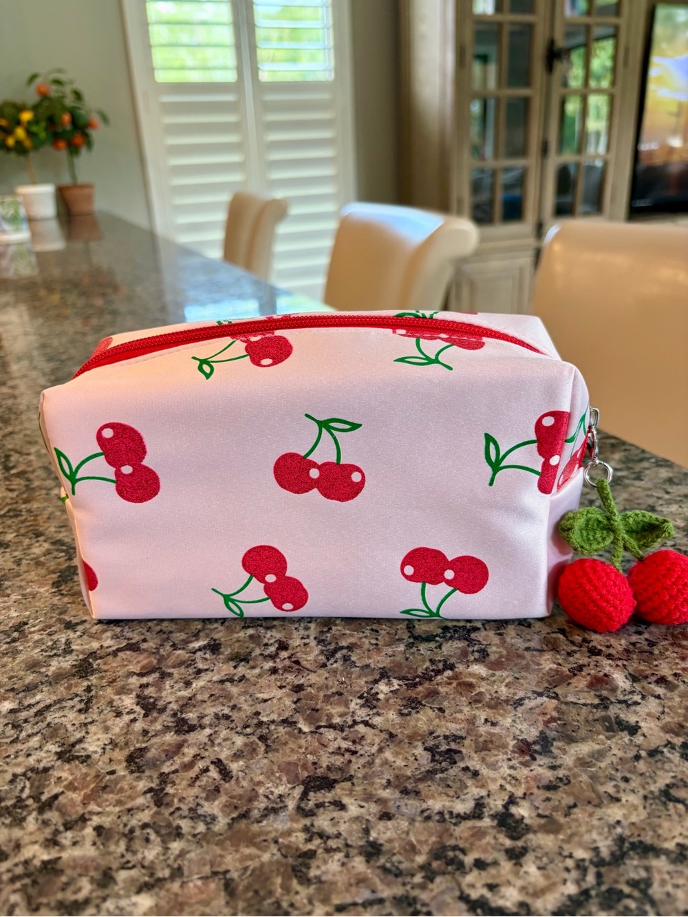 Pink Cherry Print Cosmetic Pouch with Cherry Charm